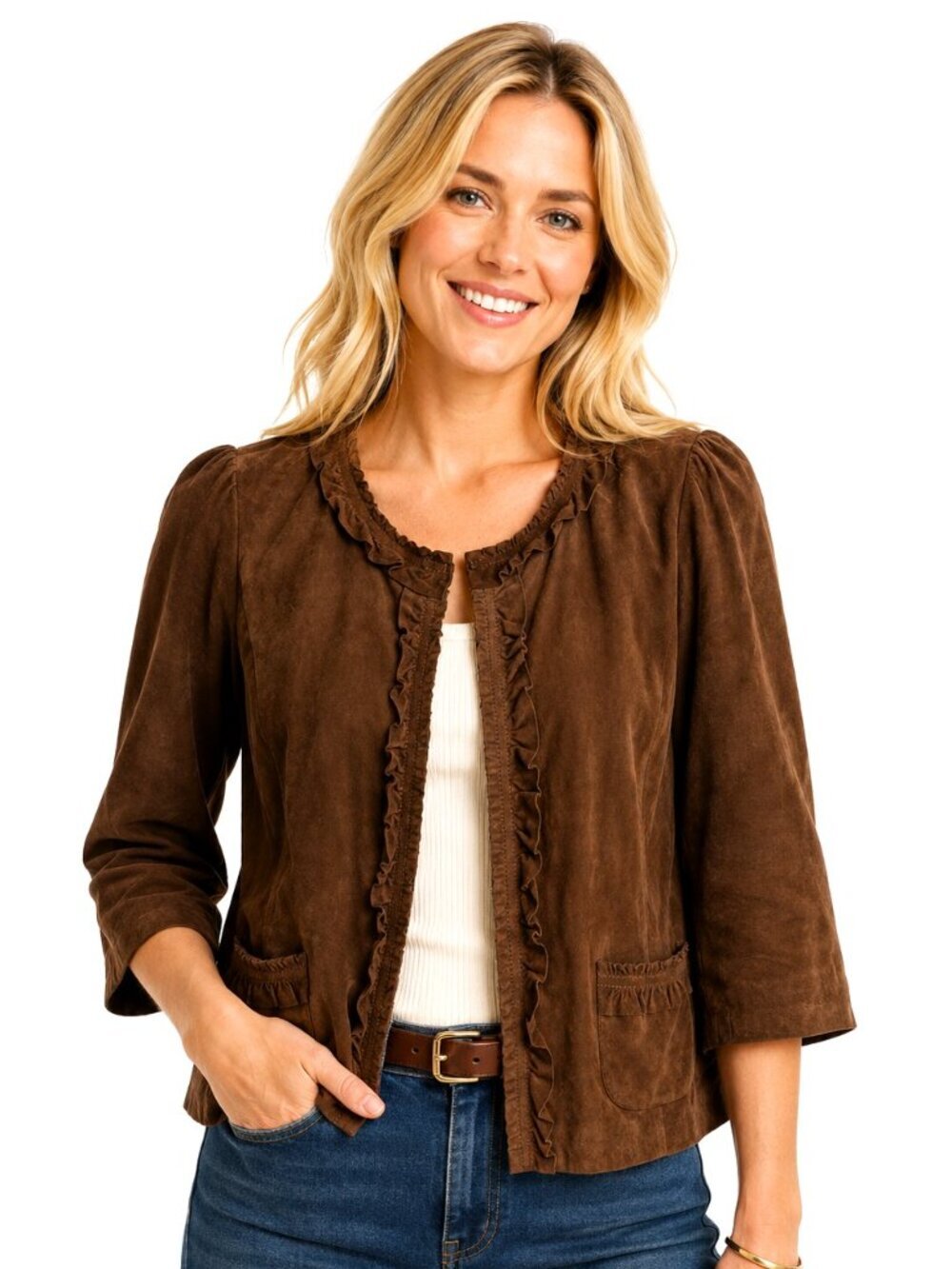 Classiques Entier Brown Suede Ruffle Trim Jacket